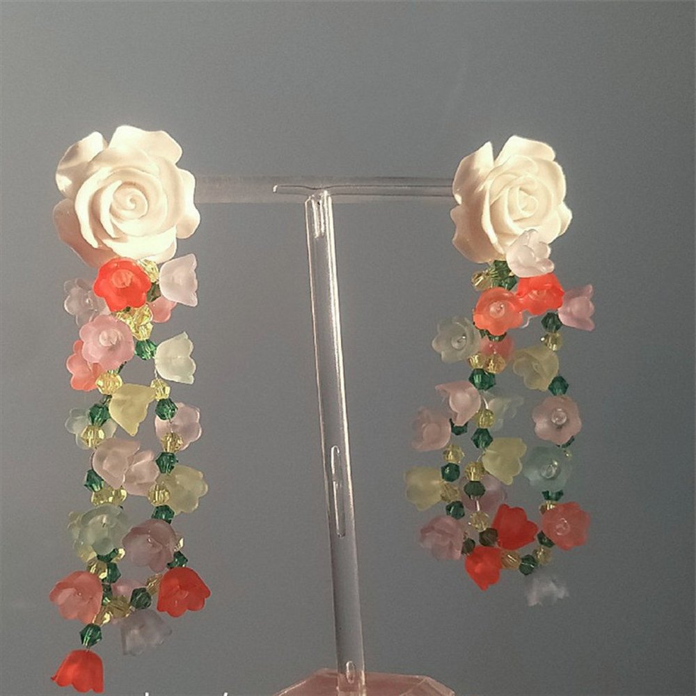 Floral Cascade Drop Earrings with White Rose Studs